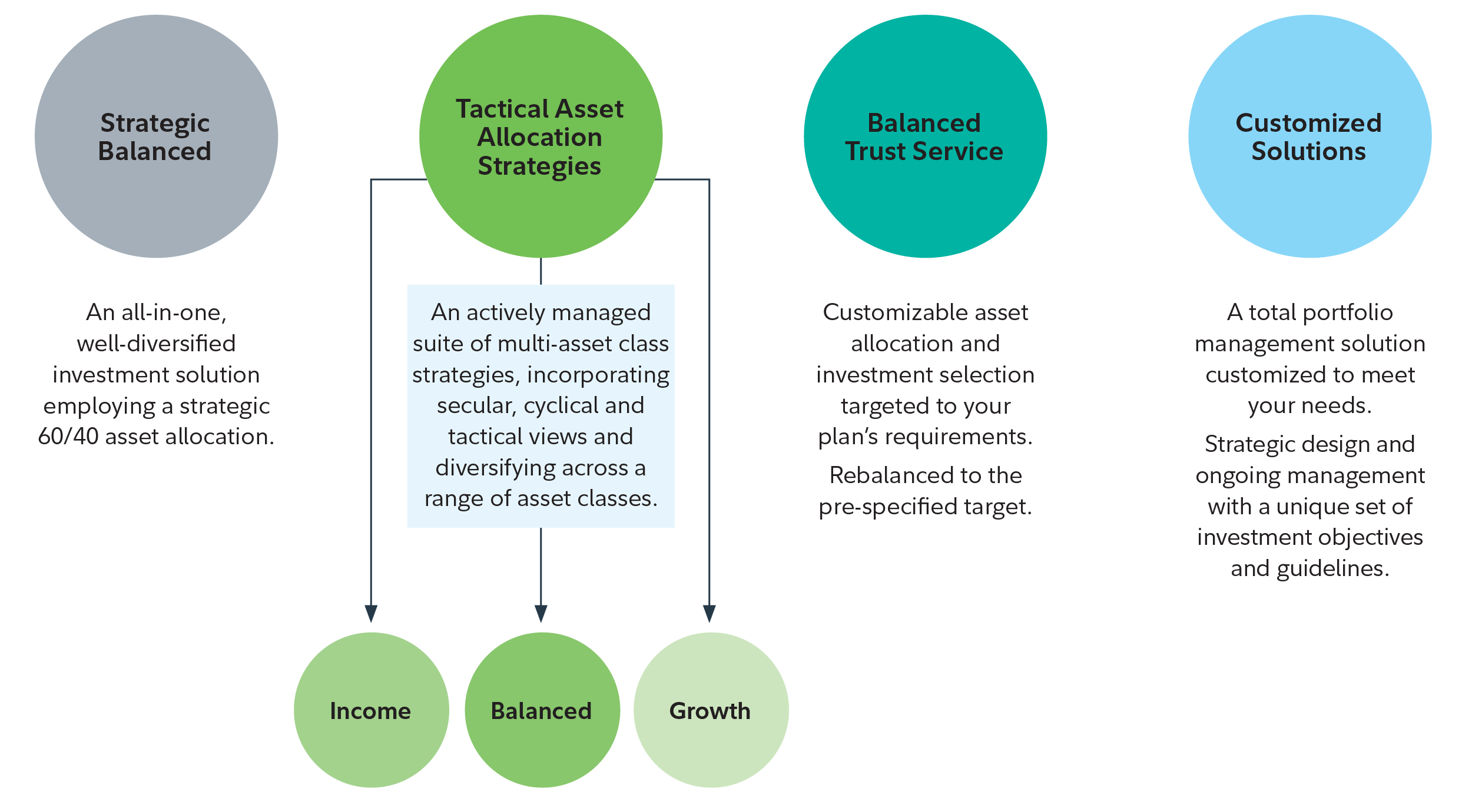 The chart shows Fidelity’s four key multi-asset offerings: pension risk, liability driven investing, asset allocation analysis and discretionary capabilities.